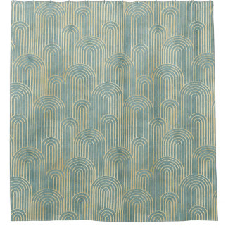 blauwgroen, art deco, ventilatorpatroon, blauwgroe douchegordijn