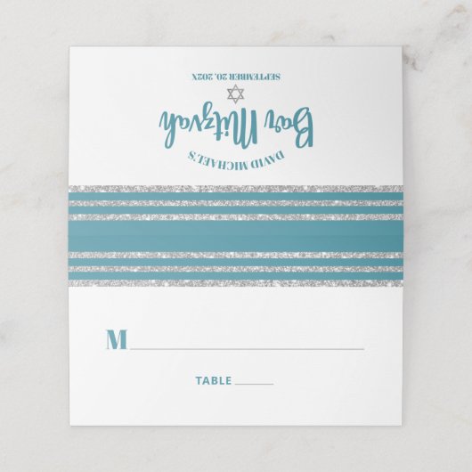 Blauwgroen Bar Mitzvah Silver Tallit Script Modern (Buitenkant ongevouwen)