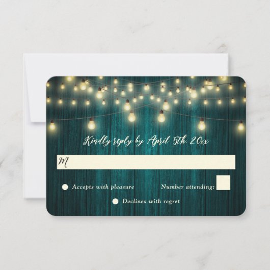 Blauwgroen Barn Wood String Lights Country Wedding RSVP Kaartje (Voorkant)
