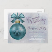 Blauwgroen Bauble Paarse Glitter Script Kerstparty Briefkaart (Voorkant / Achterkant)