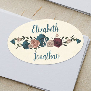 Blauwgroen, beige, Bourgogne Ovale Rozen Sticker
