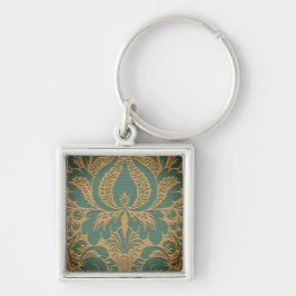 Blauwgroen Beige Damask Sleutelhanger