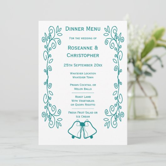 Blauwgroen Bells Scrollwork Ontwerp Wedding Menu (Staand voorkant)