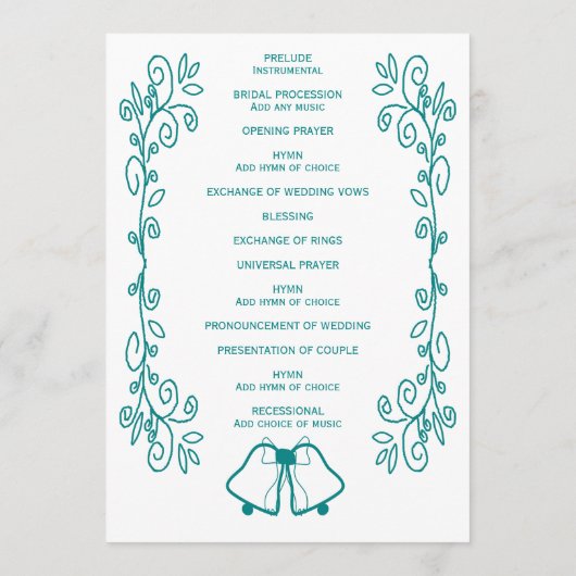 Blauwgroen Bells Scrollwork Ontwerp Wedding Programma (Achterkant)