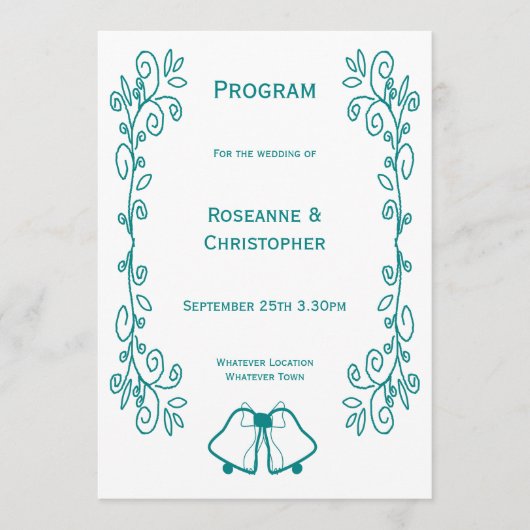Blauwgroen Bells Scrollwork Ontwerp Wedding Programma (Voorkant)