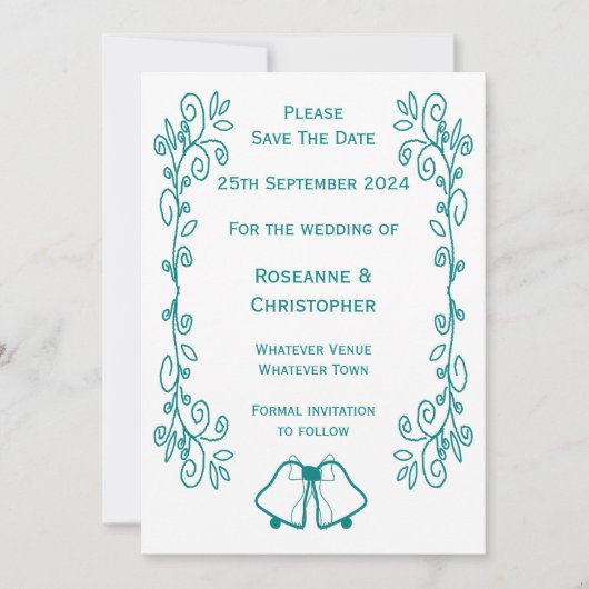 Blauwgroen Bells Scrollwork Ontwerp Wedding Save The Date (Voorkant)