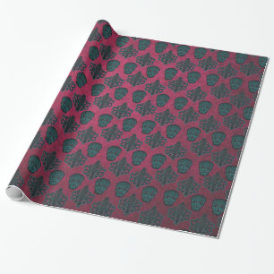 Blauwgroen beschadiging en schedels op getextureer cadeaupapier
