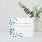 Blauwgroen Birds & Swirls Wedding RSVP Response Ka (Staand voorkant)
