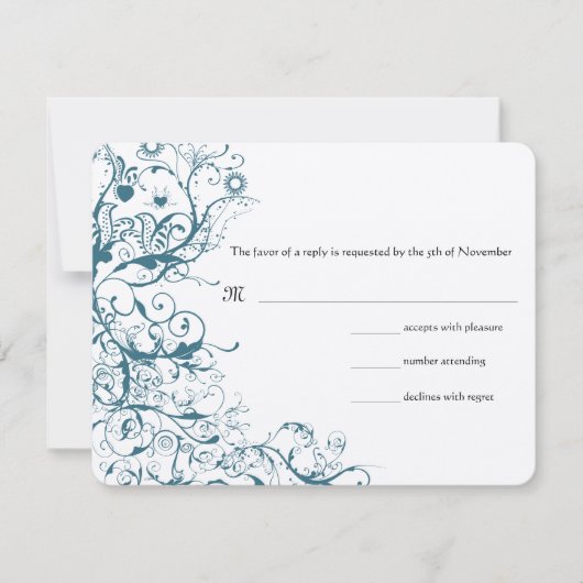 Blauwgroen Birds & Swirls Wedding RSVP Response Ka (Voorkant)