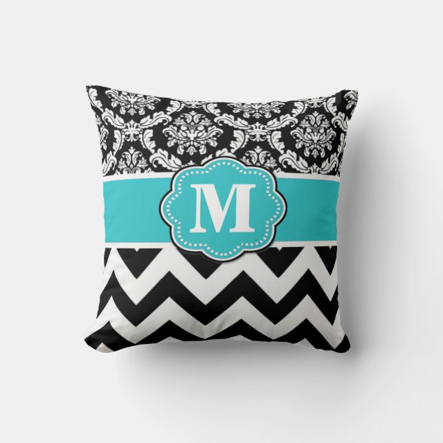 Blauwgroen Black Damask Chevron Monogram Pillow Kussen (Voorkant)
