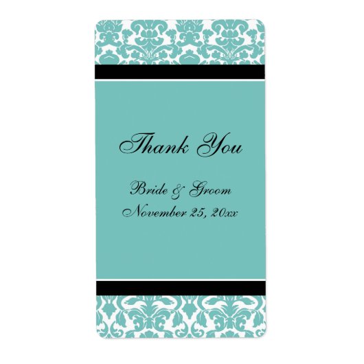 Blauwgroen Black Damask Wedding Labels (Voorkant)