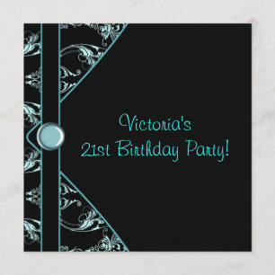 Blauwgroen Black Damask Womans 21st Birthday Party Kaart