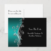 Blauwgroen Black Silver Swirls Sla de datum op Aankondigingskaart (Voorkant / Achterkant)
