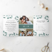 Blauwgroen bladeren tak 3 in 1 foto collage bruilo drieluik uitnodiging (Binnen)