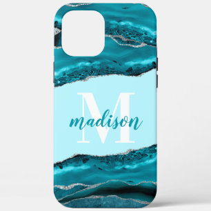 Blauwgroen blauw agaat met zilveren glitter-monogr iPhone 12 pro max hoesje