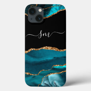 Blauwgroen blauw agate monogram script Stone Gold  iPhone 13 Hoesje
