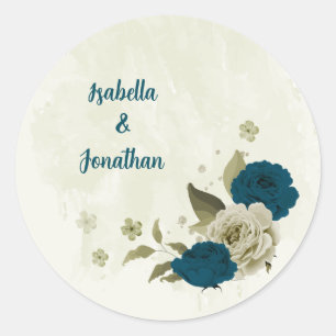 blauwgroen blauw beige bloemen botanische bruiloft ronde sticker