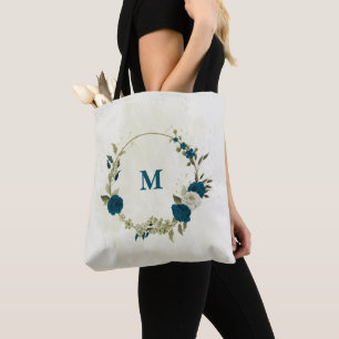 blauwgroen blauw beige bloemen draagtas