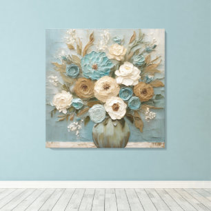 Blauwgroen Blauw Beige Salie Cream Bloemen Canvas Afdruk