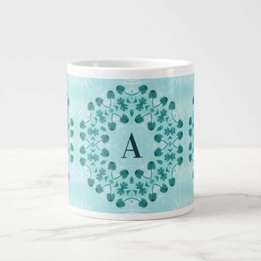 Blauwgroen Blauw Bloemen Abstract Monogram Extra Grote Beker (Voorkant)