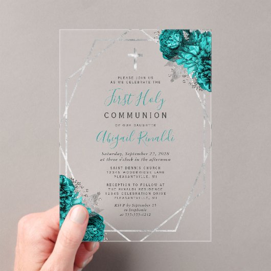 Blauwgroen Blauw Bloemen Zilver Lijst Eerste Heili Acryl Uitnodigingen (Insitu (Draagbaar))