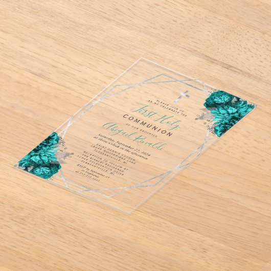Blauwgroen Blauw Bloemen Zilver Lijst Eerste Heili Acryl Uitnodigingen (Laagn)