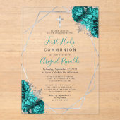 Blauwgroen Blauw Bloemen Zilver Lijst Eerste Heili Acryl Uitnodigingen (Voorkant)