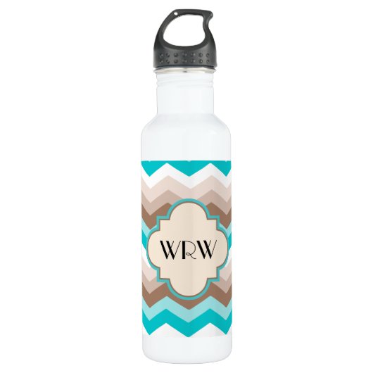 Blauwgroen blauw bruin Chevron Modern Monogram Waterfles (Voorkant)