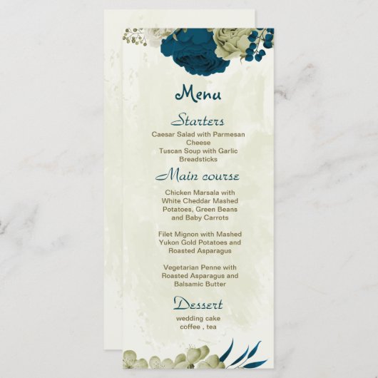 blauwgroen blauw en beige bloemen botanische bruil menu (Voorkant / Achterkant)