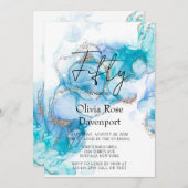 Blauwgroen blauw- en goudalcoholinkt 50e verjaarda kaart (Voorkant / Achterkant)