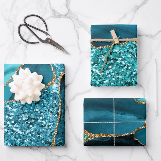Blauwgroen blauw en goudblauw Glitter Agate Inpakpapier Vel (Voorkant)