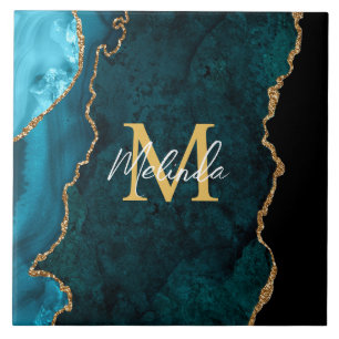 Blauwgroen Blauw en Gouden Marmeren Agaat Tegeltje
