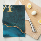 Blauwgroen Blauw en Gouden Marmeren Agaat Theedoek (Quarter Fold)