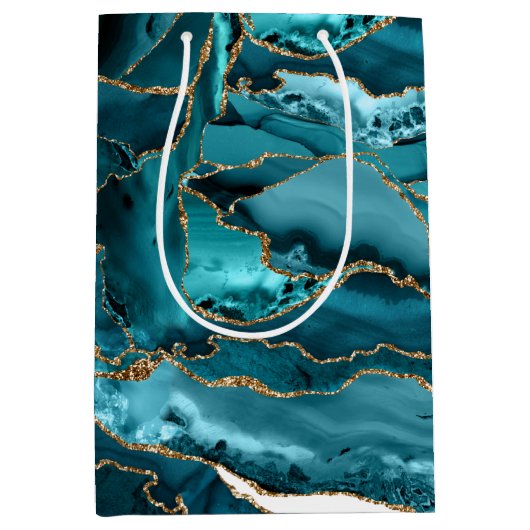 Blauwgroen blauw en goudglitteragaat medium cadeauzakje (Voorkant)