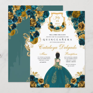 Blauwgroen blauw en goudgroen Elegant Quinceañera Kaart
