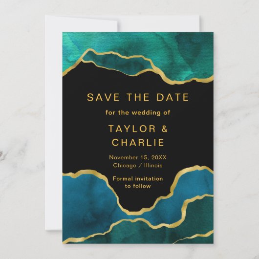Blauwgroen blauw en goudkleurig gekleurd agate spa save the date (Voorkant)