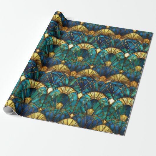 Blauwgroen, blauw en goudpacock Glas in lood Cadeaupapier (Uitgerold)
