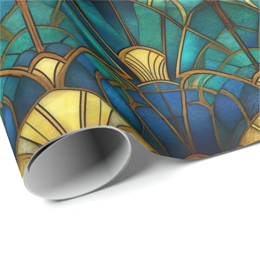 Blauwgroen, blauw en goudpacock Glas in lood Cadeaupapier (Rol Hoek)