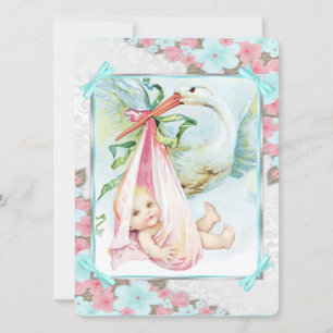 Blauwgroen blauw en roze ooievaar Baby shower Kaart