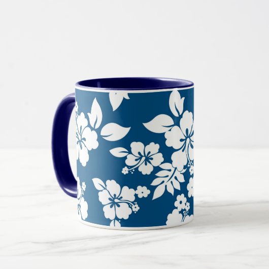 Blauwgroen blauw en wit Hibiscus floreel patroon Mok (Voorkant links)