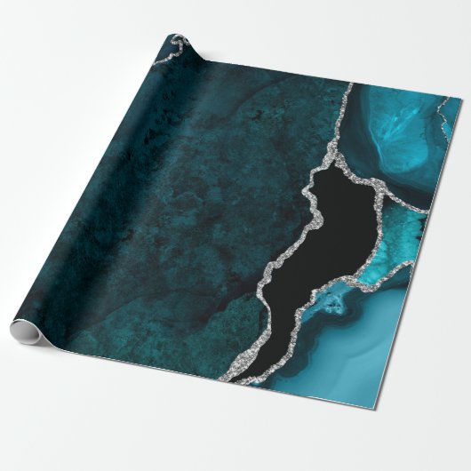 Blauwgroen blauw en zilver Faux Glitter Agate Cadeaupapier (Uitgerold)