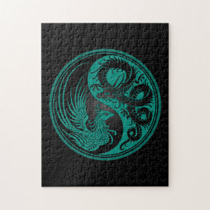 Blauwgroen Blauw en Zwarte Dragon Phoenix Yin Yang Legpuzzel