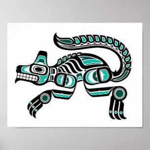 Blauwgroen blauw en zwarte Haida Spirit Wolf Poster