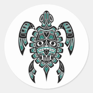 Blauwgroen blauw en zwarte Haida Spirit Zee Turtle Ronde Sticker