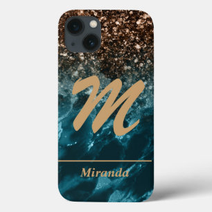 Blauwgroen blauw gepersonaliseerd glitter monogram iPhone 13 hoesje