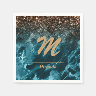 Blauwgroen blauw gepersonaliseerd glitter monogram servet