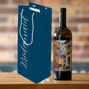 Blauwgroen blauw gestileerd script bruiloft bruids wijn cadeautas