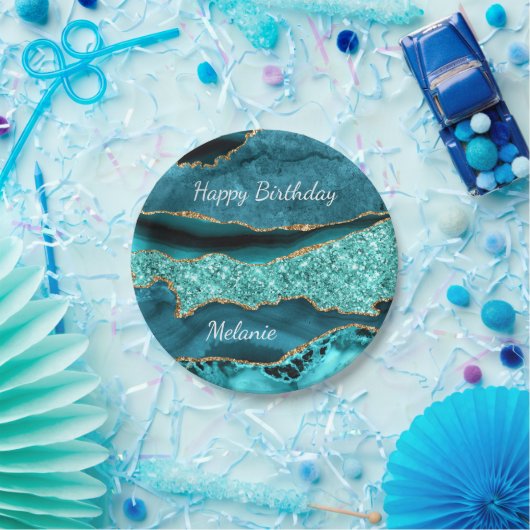 Blauwgroen Blauw Goud Aangepaste Naam Verjaardag P Papieren Bordje (Feest)