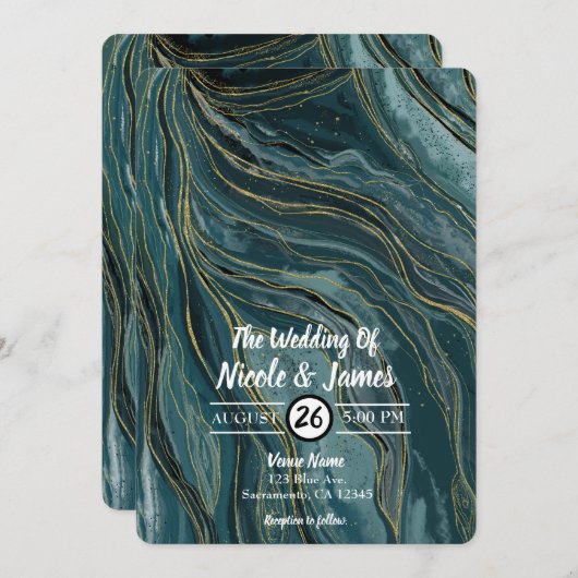 Blauwgroen Blauw Goud Abstract Waterverf Bruiloft Kaart (Voorkant / Achterkant)