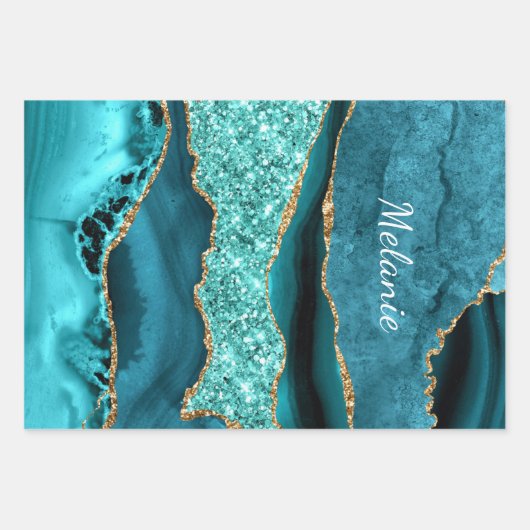 Blauwgroen Blauw Goud Aqua Turquoise Aangepaste Jo Inpakpapier Vel (Voorkant)
